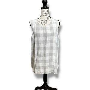 J. Jill Linen Gray White Plaid Checkered Gingham Sleeveless Button Back Top L
